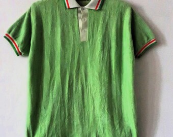 Vintage polo shirt terry cloth towelling lime green with stripe details 1980s 80s