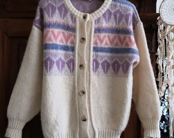 Icelandic Vintage Lundi wool knit cardigan sweater with traditional folklore pattern 1980s 80s made in Iceland