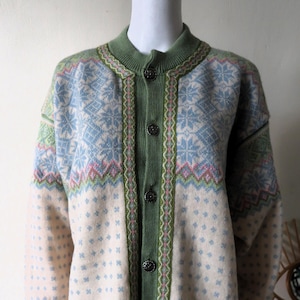 Vintage Nordstrikk Norwegian Wool Cardigan | 2000s Nordic Sweater | Pastel Snowflake Knit | Virgin Wool Norway Knitwear