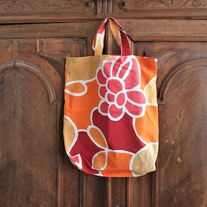 Vintage tote cotton canvas bag with psychedelic floral print 1970s 70s
