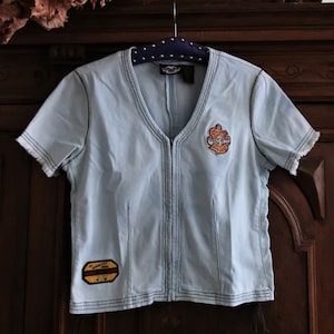 Vintage Harley Davidson cotton chambray blouse shirt top with front zipper lace-up details and embroidered patches 2000s 00s