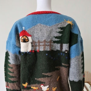 Vintage Ortrud Rainer Austrian trachten handmade wool knit sweater pullover with whimsical mountain landscape embroidery intarsia 1990s 90s