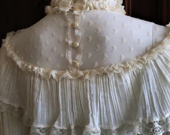 Vintage Jessica's Gunnies white gauze nostalgic prairie blouse with polka dot tulle bib ruffles high neck 1970s 70s 1980s 80s made in USA