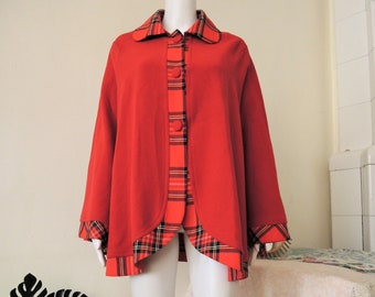 Vintage red cashmere wool blend cape poncho with tartan check details and Peter Pan collar 1990s 90s made in England