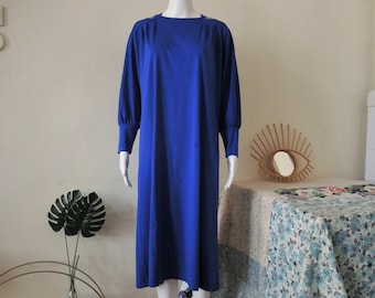 Vintage blue relaxed fit midi dress with bishop sleeves and rhinestone detail 1980s 80s made in Denmark