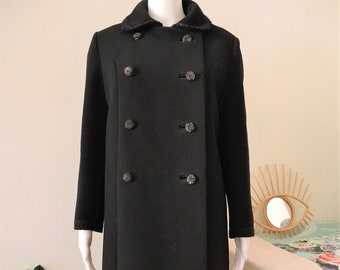 Vintage double-breasted structured Diana coat peacoat with rhinestone embellished buttons Peter Pan collar and braided trims 1960s 60s