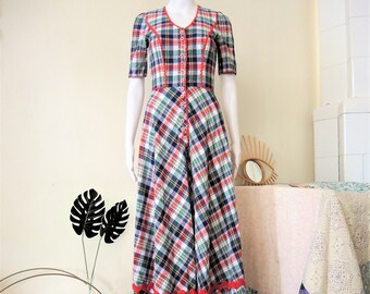 Vintage Betty Barclay madras check cotton maxi prairie dress with border trims 1970s 70s 1980s 80s