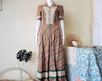 Vintage Betty Barclay cotton maxi prairie dress with madras check floral patchwork bib front puff sleeves and ruffle hem 1970s 70s 1980s 80s