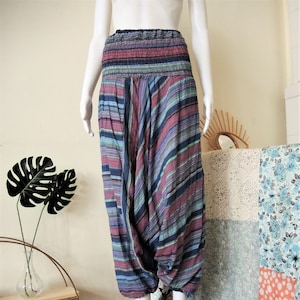 Vintage striped cotton Sarouel Afghan drop crotch harem pants trousers with elasticated smock waist 1980s 80s made in India