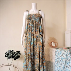 Vintage floral smocked cotton maxi strap dress sundress with empire waist 1980s 80s 1990s 90s image 1
