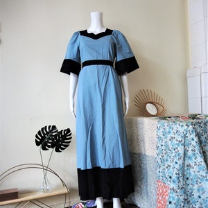 Finnish Vintage Kaisu Heikkilä blue maxi dress with puff sleeves tie belt and contrasting black details 1970s 70s made in Finland