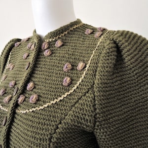 Vintage Wolkenstricker handmade khaki Bavarian trachten wool knit cardigan with floral embroidery bib front and puff sleeves 1980s 80s
