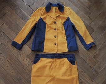 Vintage mustard and navy blue corduroy two piece suit color-blocking 1990s 90s