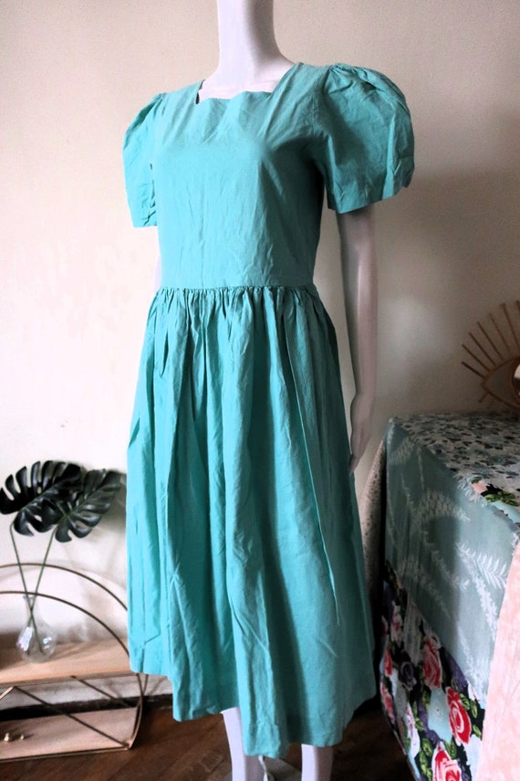 Vintage Seafoam Green Cotton Midi Dress with Wide Puff Sleeves and Square Neck 1980s 80s