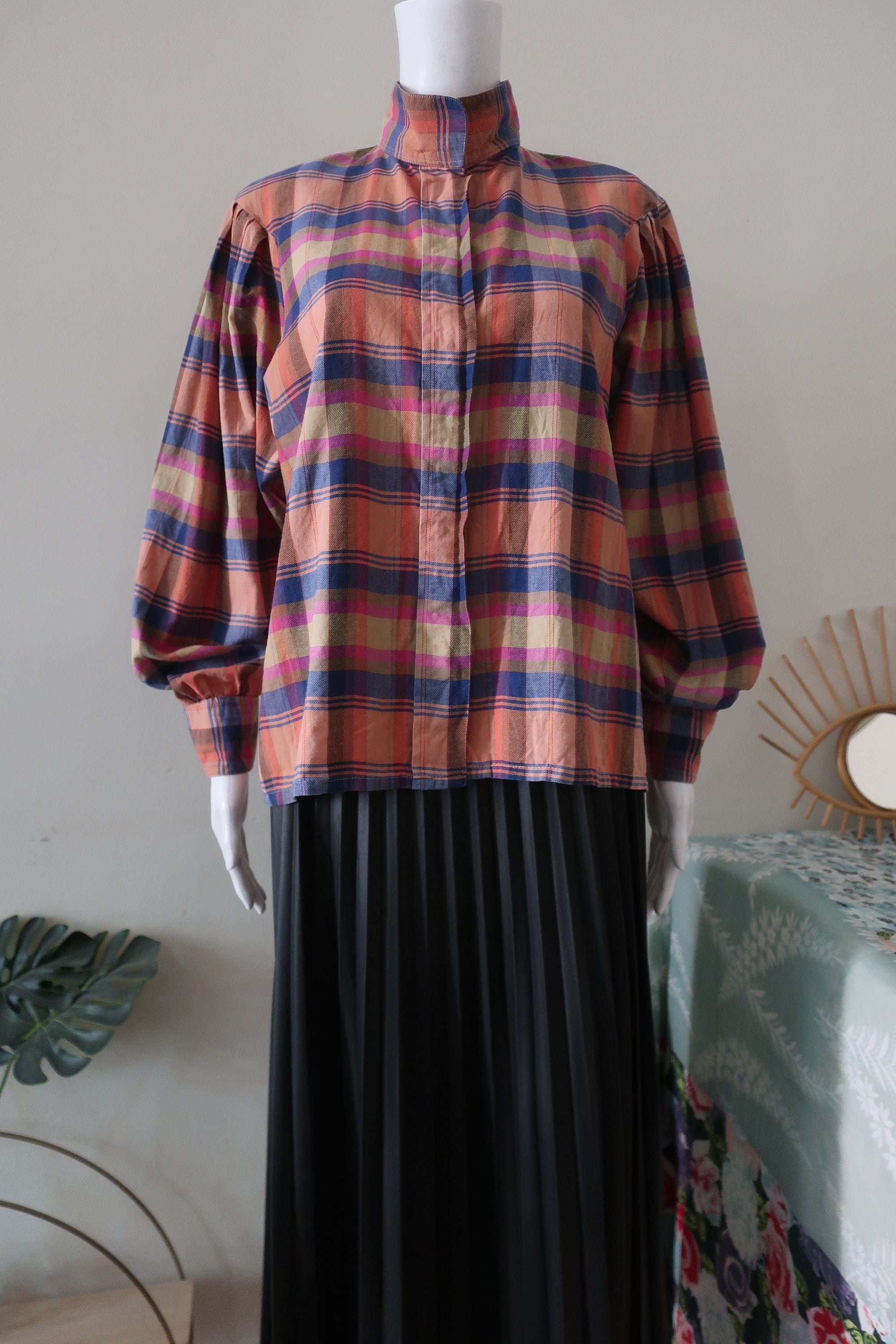 French Vintage Leonardi Cotton Blouse With Madras Check High Neck 