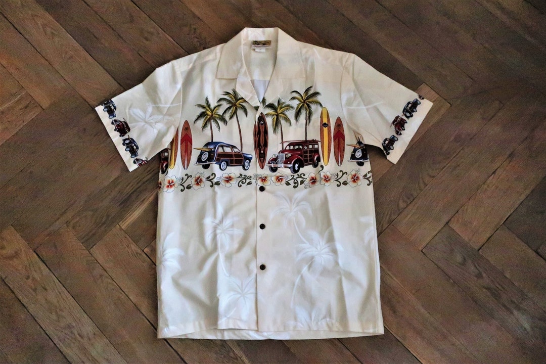 Vintage Aloha Hawaiian Resort Cotton Shirt With Floral Palmtree Wood