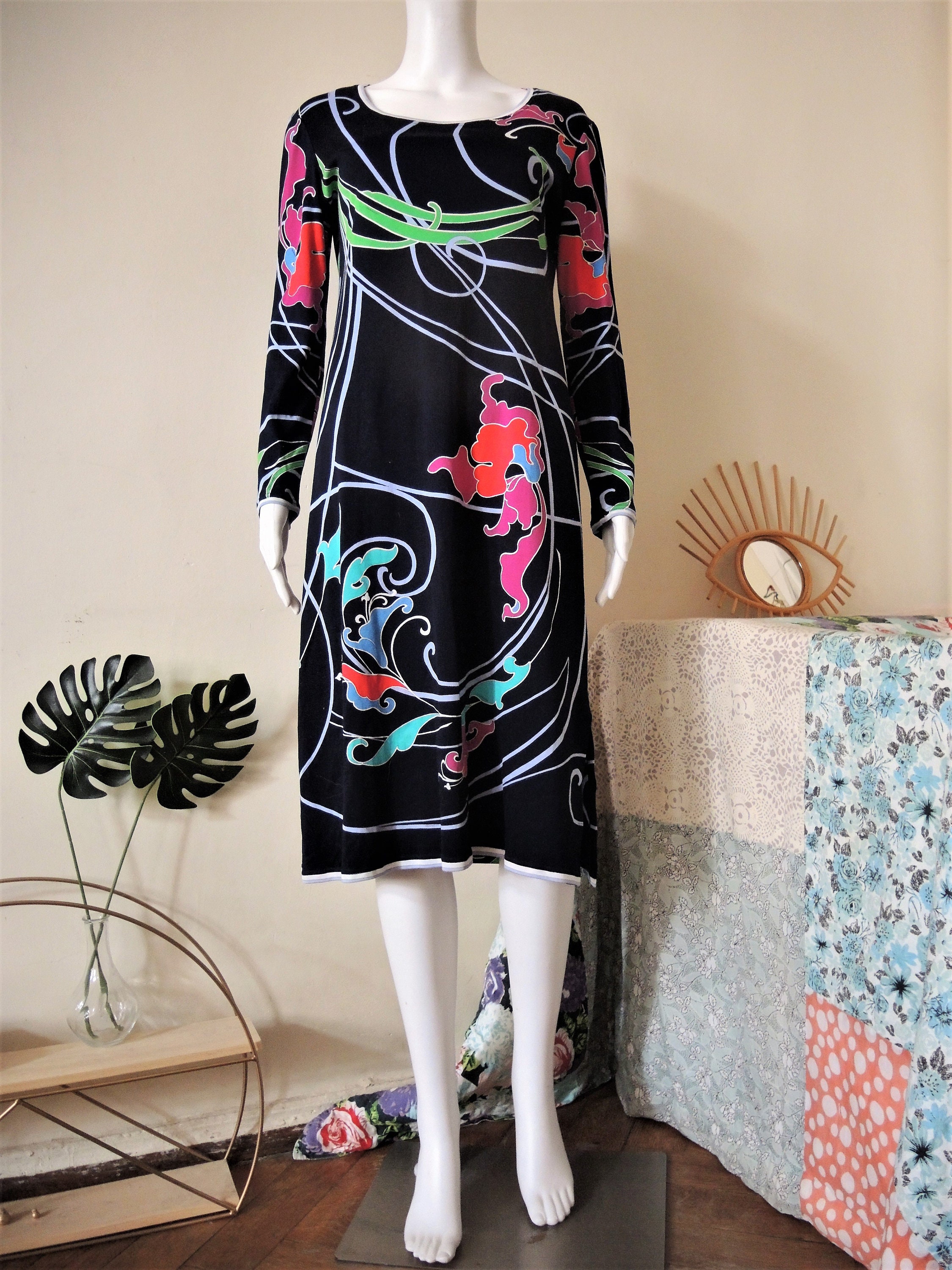Dress Tropical Vintage Made 1990s Etsy Italy in Jersey - Paris Midi and Orchid Leonard Pattern With Studio Belt Tie 90s