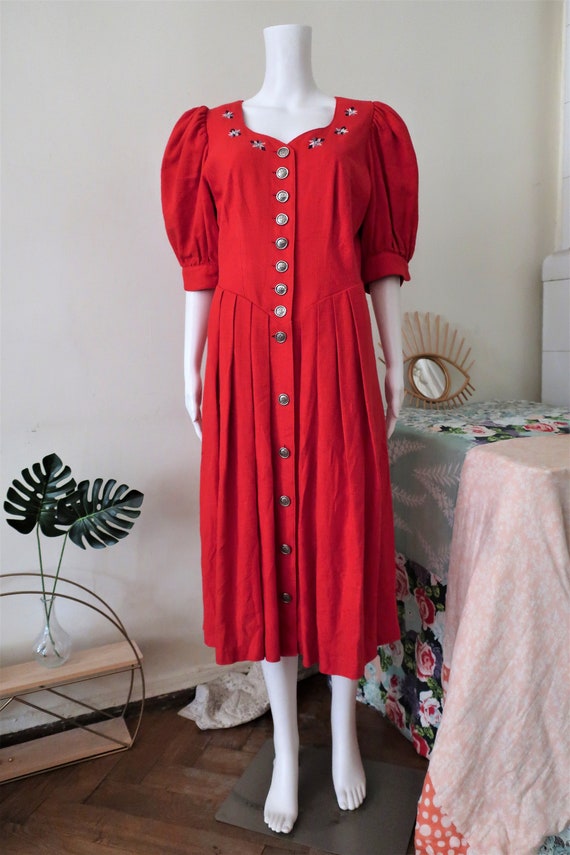 Vintage Bavarian trachten red linen cotton midi d… - image 3