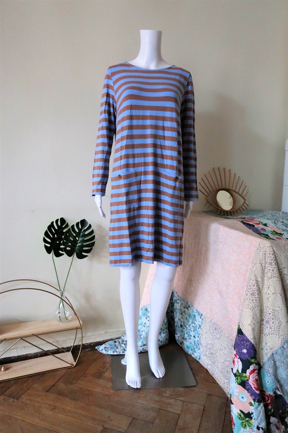 Vintage Marimekko blue and brown nautical stripe m