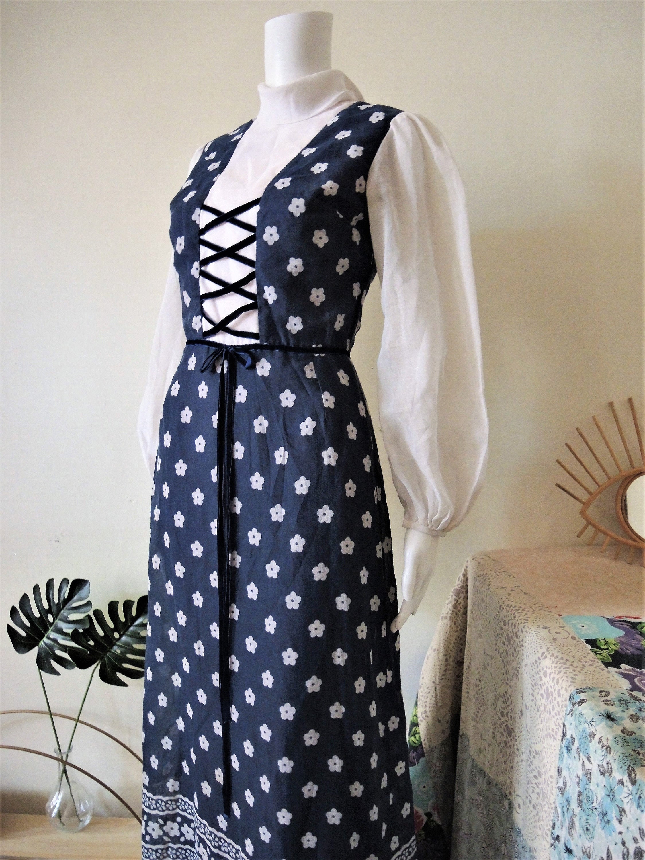 Vintage Dark Blue Floral Prairie Maxi Dress With Velvet Lace up Bib and ...