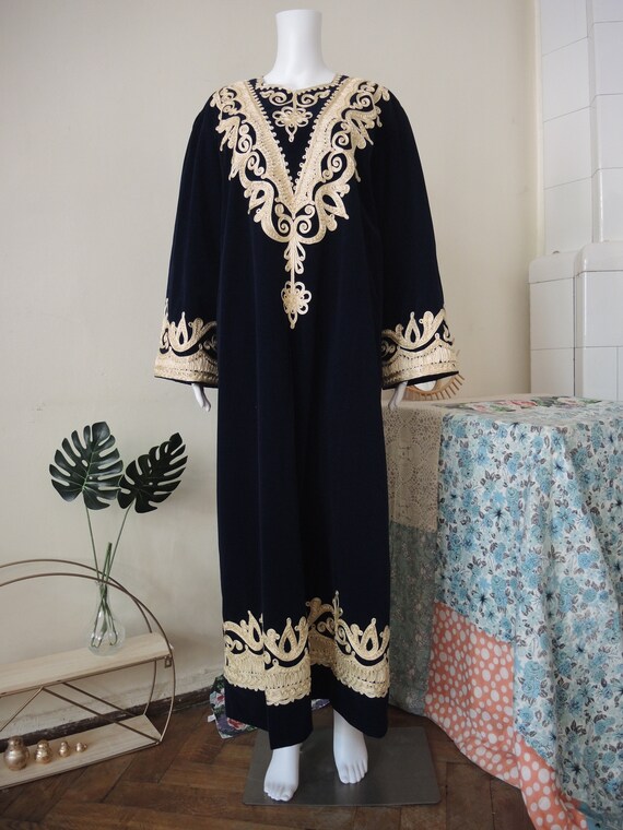 Vintage midnight blue velvet folk folklore maxi dress caftan | Etsy