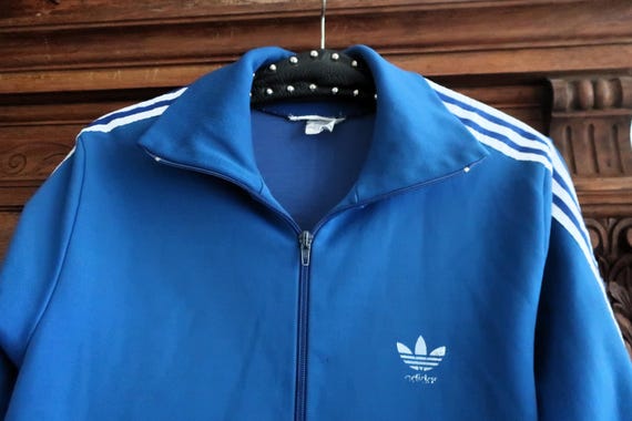 Vintage 70s Adidas Track Jacket Blue White Stripes Trefoil Logo