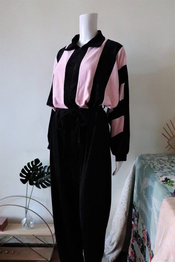 Vintage black cotton velour jumpsuit overall with… - image 4