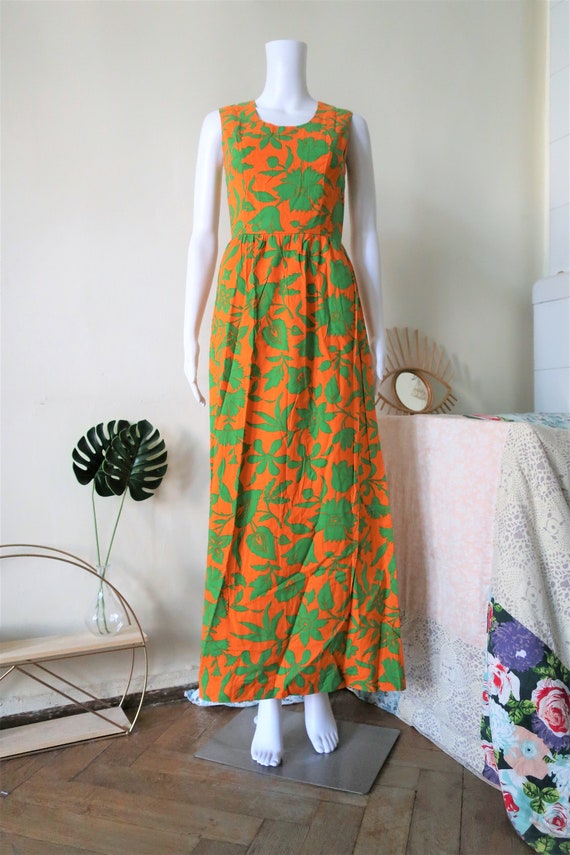 Vintage orange and green floral print cotton maxi… - image 2