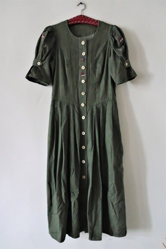 Austrian Vintage trachten khaki cotton midi dress… - image 8