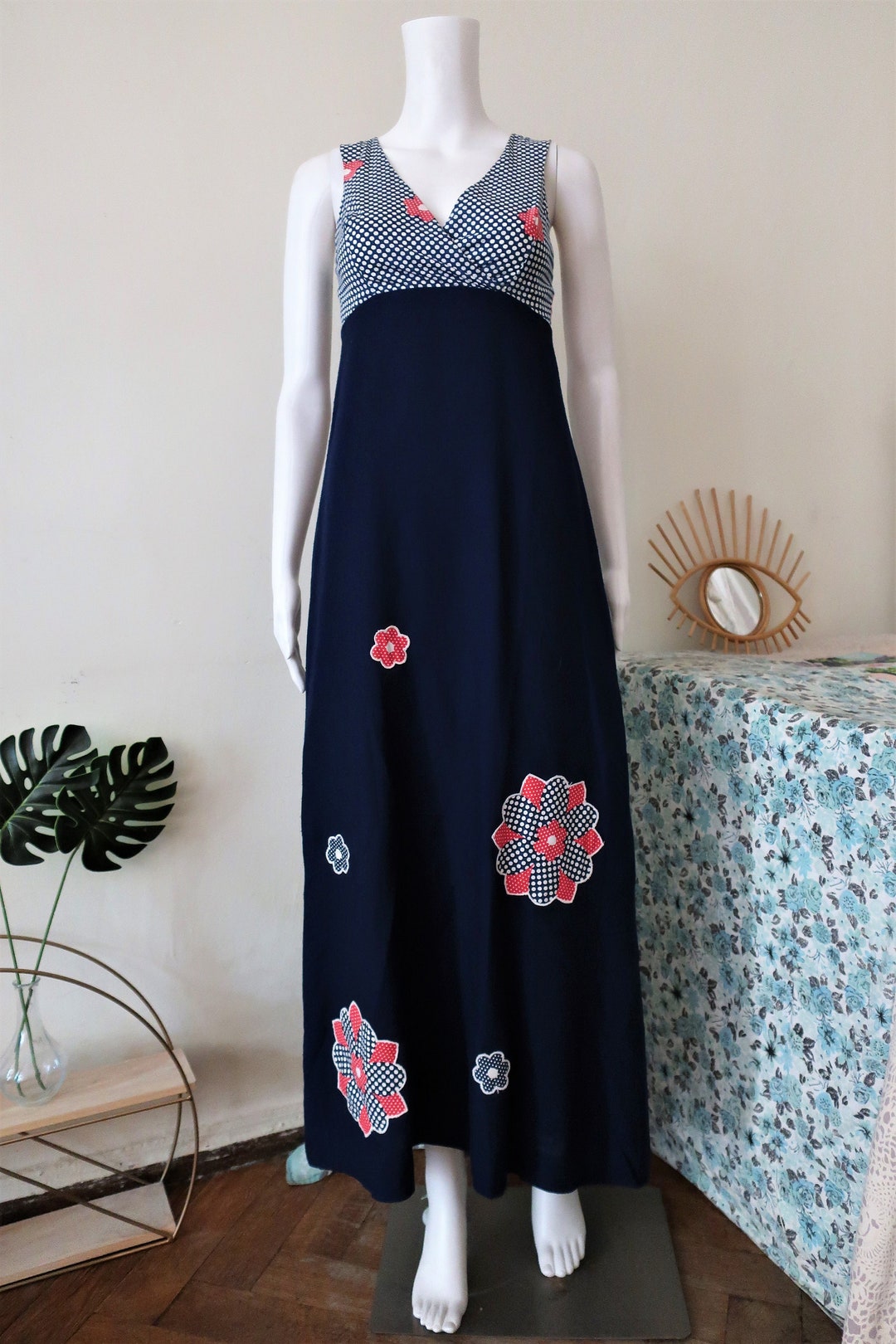 English Vintage Aline Maxi Dress With Floral Appliques Polkadot Top — free download