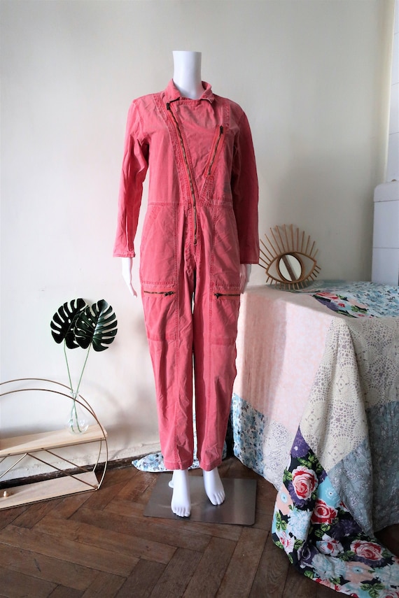 Vintage raspberry boilersuit jumpsuit with militar