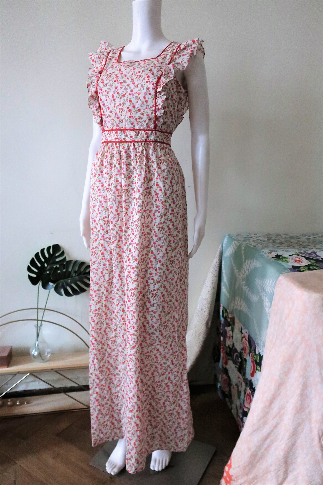 1980s Prairie Style Mulberry Cotton Dress | XS/S
