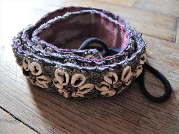 Vintage Purple Woven Belt with Shell Accent Vintage 90s Violet Purple Cotton Woven Braided Belt With Tan  main image 3