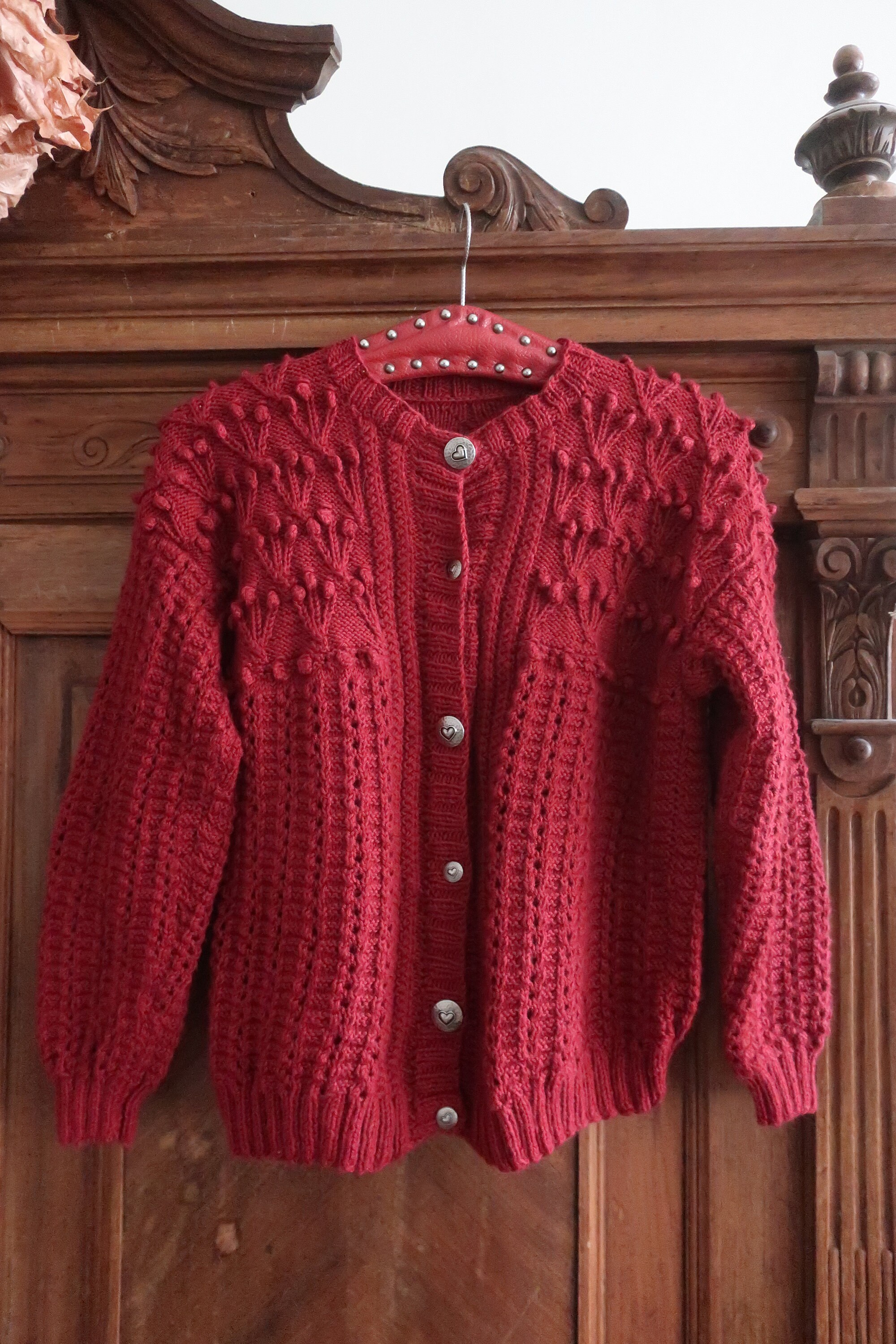 Vintage Austrian Trachten Wool Knit Cardigan Dark Red With