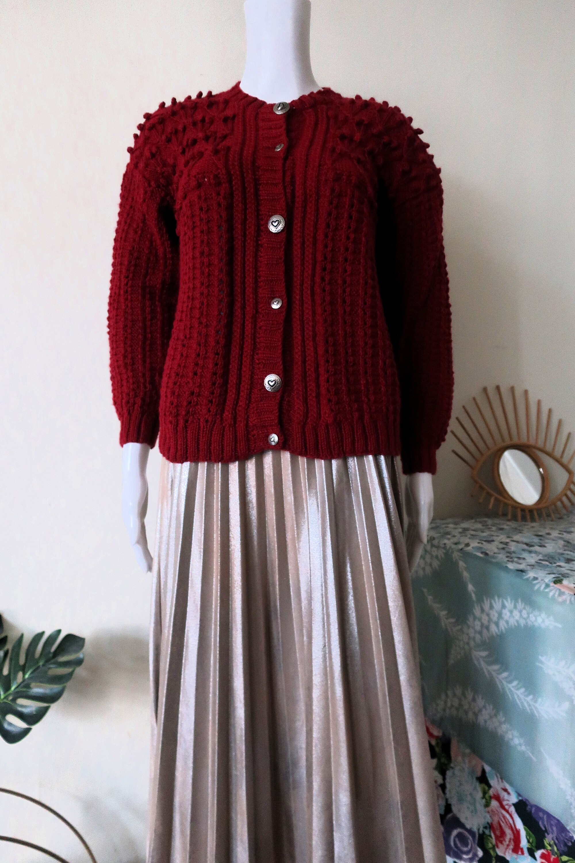 Vintage Austrian Trachten Wool Knit Cardigan Dark Red With