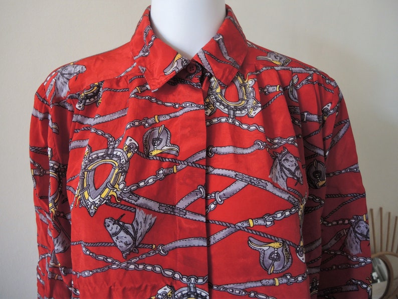 Vintage flowy equestrian foulard scarf print blouse wide sleeves 1980s 80s