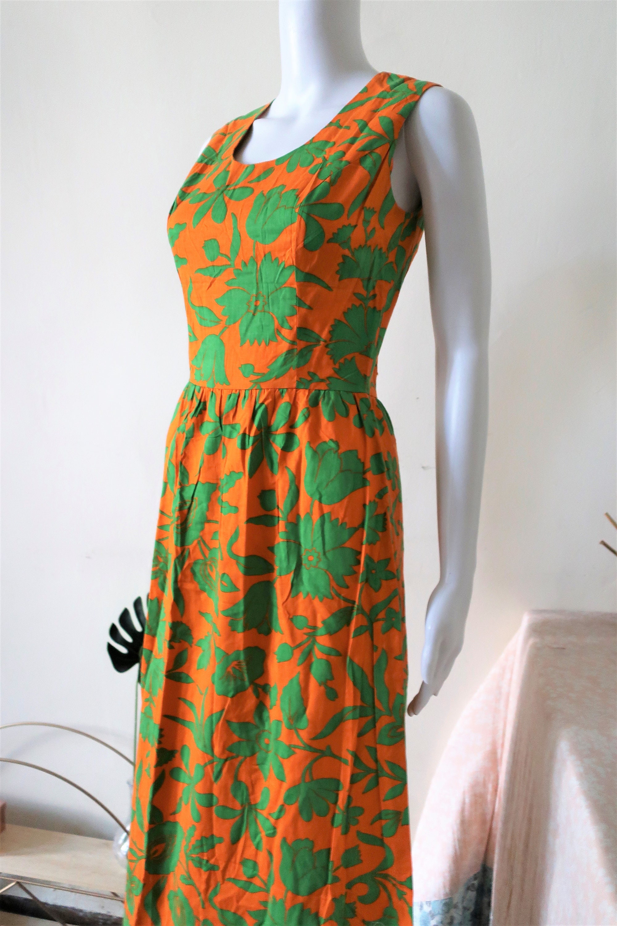 Vintage Orange and Green Floral Print Cotton Maxi Dress With | Etsy