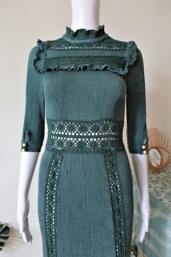 Vintage green prairie maxi dress with crochet lace
