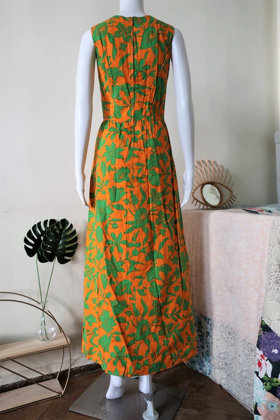 Vintage orange and green floral print cotton maxi… - image 7