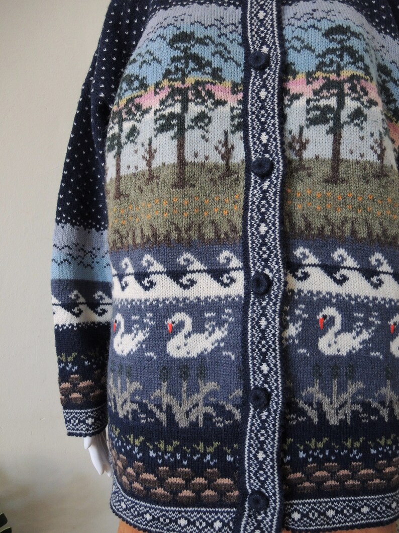 SALE** Vintage wool knit cardigan folklore sky trees swans waves 1990s 90s 1980s 80s **SALE