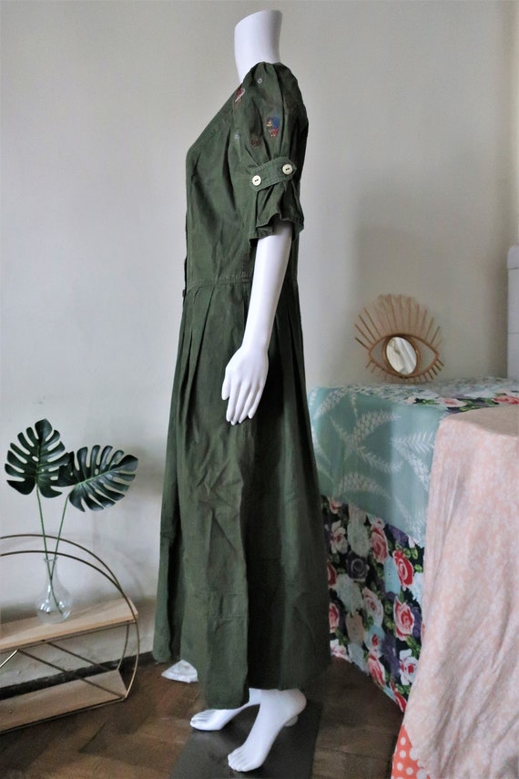 Austrian Vintage trachten khaki cotton midi dress… - image 6