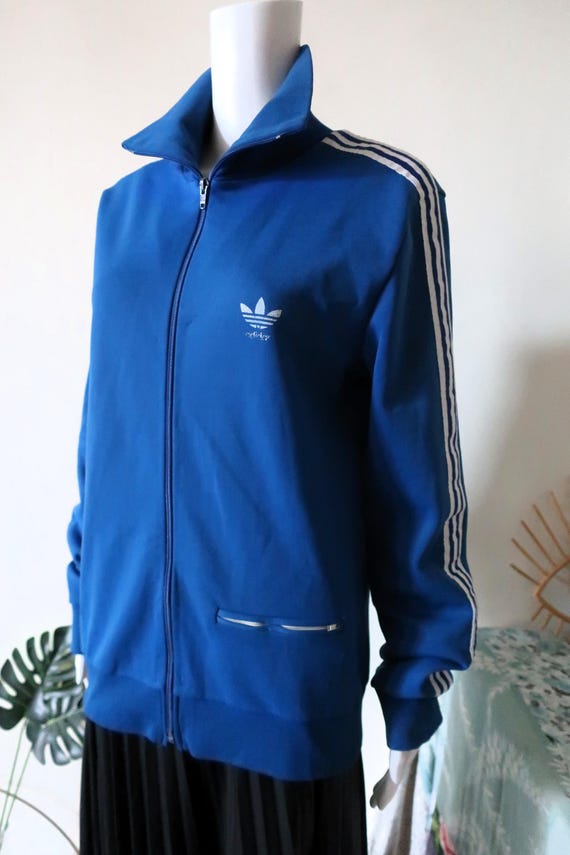 Vintage 70s Adidas Track Jacket Blue White Stripes Trefoil Logo