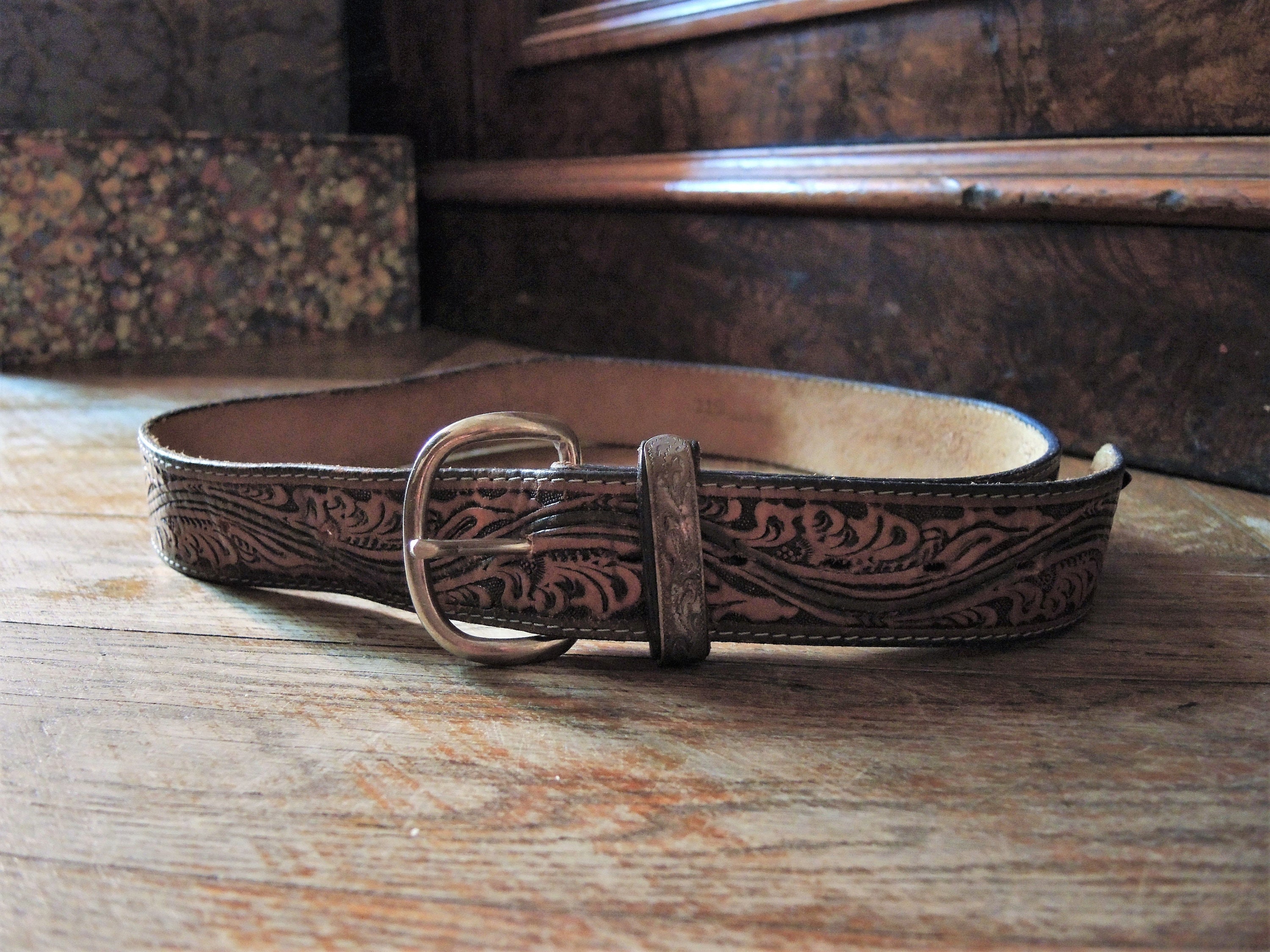 Vintage Brighton Brown Leather and Silver Tone Metal Southwestern Flowers Belt  Belt Buckle -  Canada