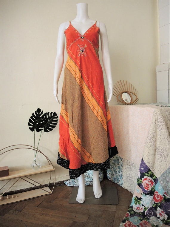 Vintage Folklore Cotton Strap Maxi Dress with Mirror Decorations and Embroideries Ethno Boho Festival 1980s 80s Made in Nepal