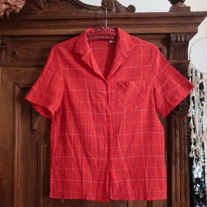 French Vintage Jean Chancel red cotton blouse shirt with grid check print and lapel collar 1970s 70s made in France