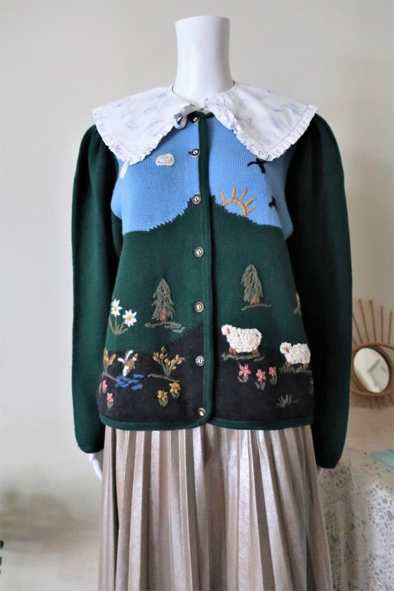 Kleding Dameskleding Sweaters Vesten Vintage wol groene kabel gebreid vest pof mouwen Oostenrijkse stijl maat M 