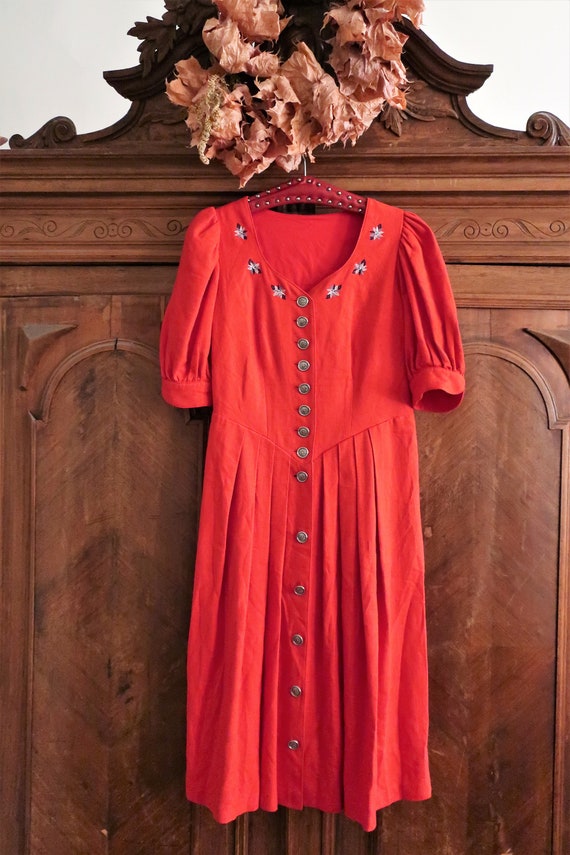Vintage Bavarian trachten red linen cotton midi d… - image 9