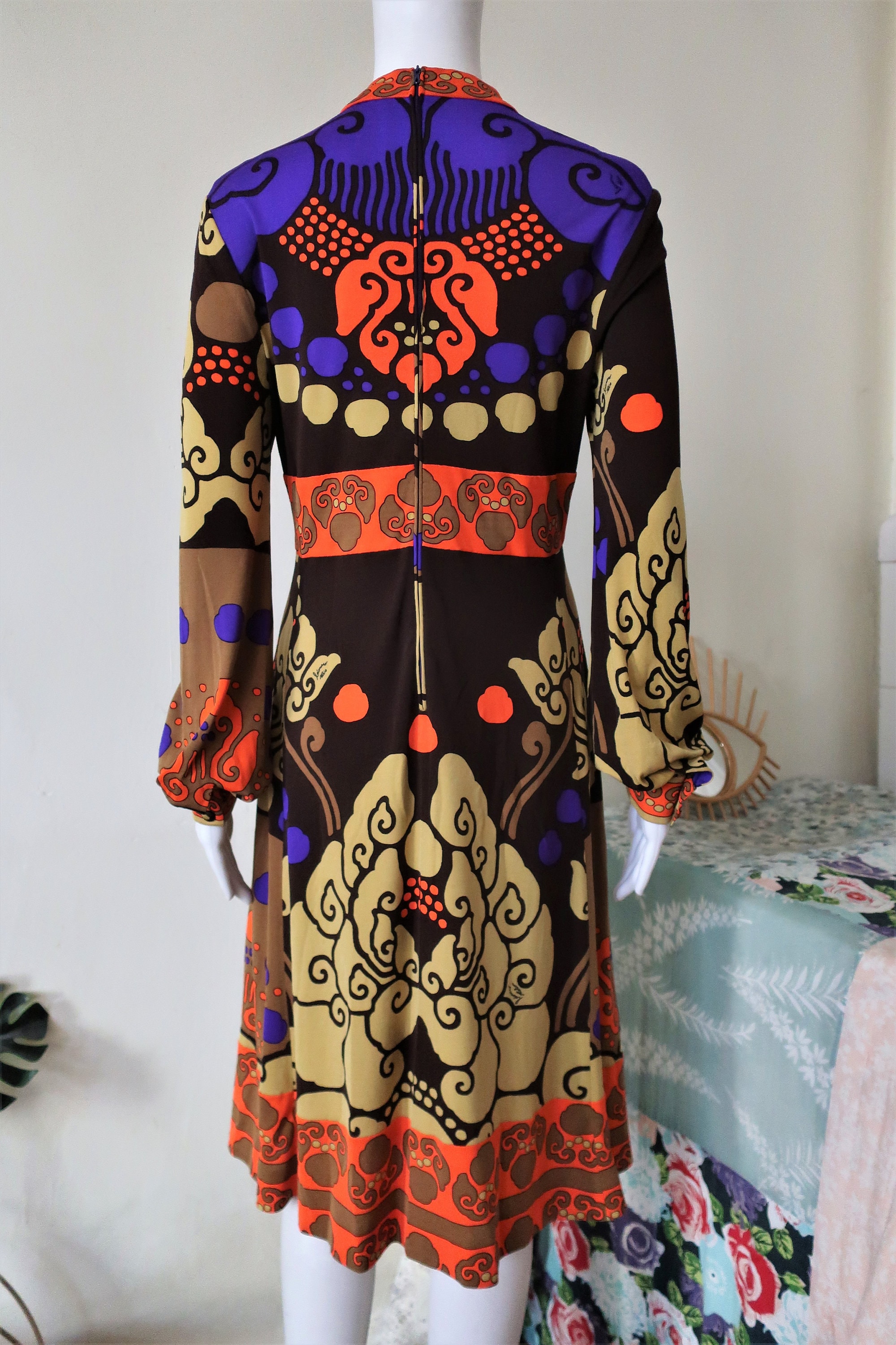 Vintage Leonard Paris Silk Jersey Midi Dress With Ornamental