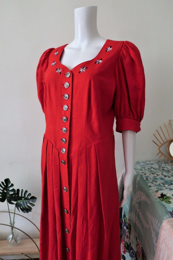Vintage Bavarian trachten red linen cotton midi d… - image 5