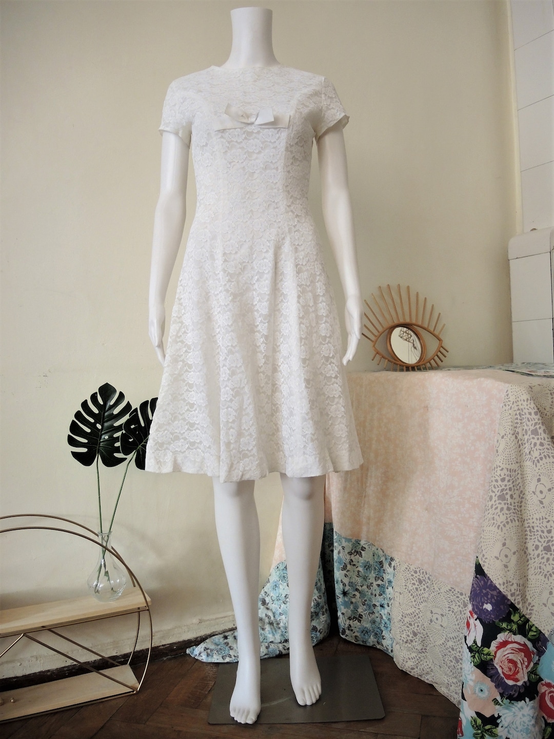 Vintage White Skater Dress With Floral Lace and Ribbon Cap Sleeves ...